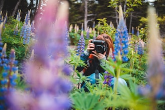 woman in black jacket taking photo of purple flowers