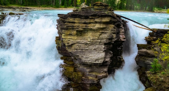 brown rock formation near body of water during daytime in Athabasca Falls Canada