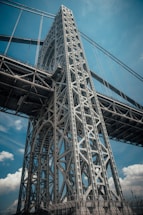 A detailed close-up of a steel bridge structure under clear blue sky, symbolizing strength and engineering precision.