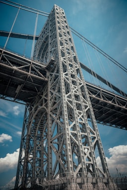 A detailed close-up of a steel bridge structure under clear blue sky, symbolizing strength and engineering precision.