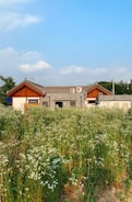 A traditional building with wooden accents is set behind a lush field of wildflowers under a blue sky. The house and garden area convey a sense of tranquility, surrounded by nature.