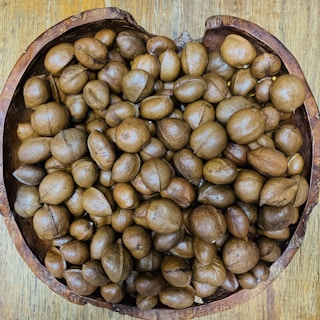 A collection of brown, round seeds or nuts fills a rustic, wooden bowl placed on a wooden surface. The seeds vary slightly in shape and size, and their smooth, glossy surfaces suggest freshness.