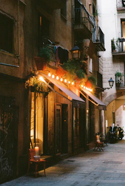 lighted string lights on building during night time