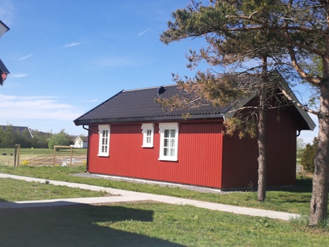 A small red wooden house with white-framed windows sits in a grassy area under a clear blue sky. A tree with sparse green foliage stands nearby, and a white pathway runs alongside the house. In the background, there are more trees and a glimpse of another building.