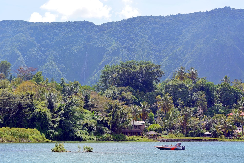 Rotes Boot auf dem See in der Nähe von grünen Bäumen und Bergen während des Tages