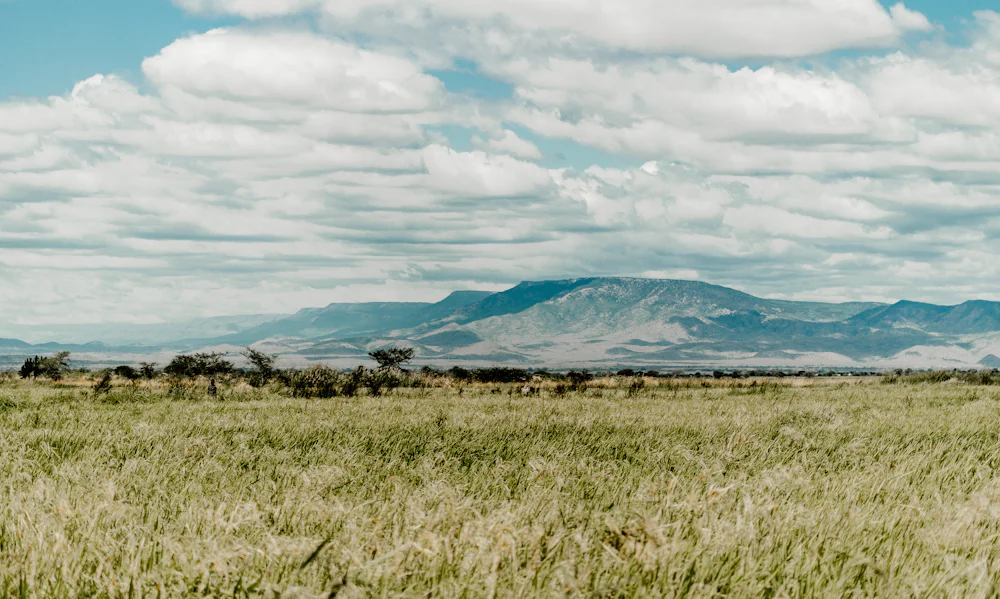 Green farmland below a mountain under a cloudy sky