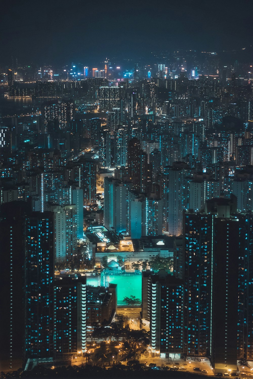 aerial view of city buildings during night time