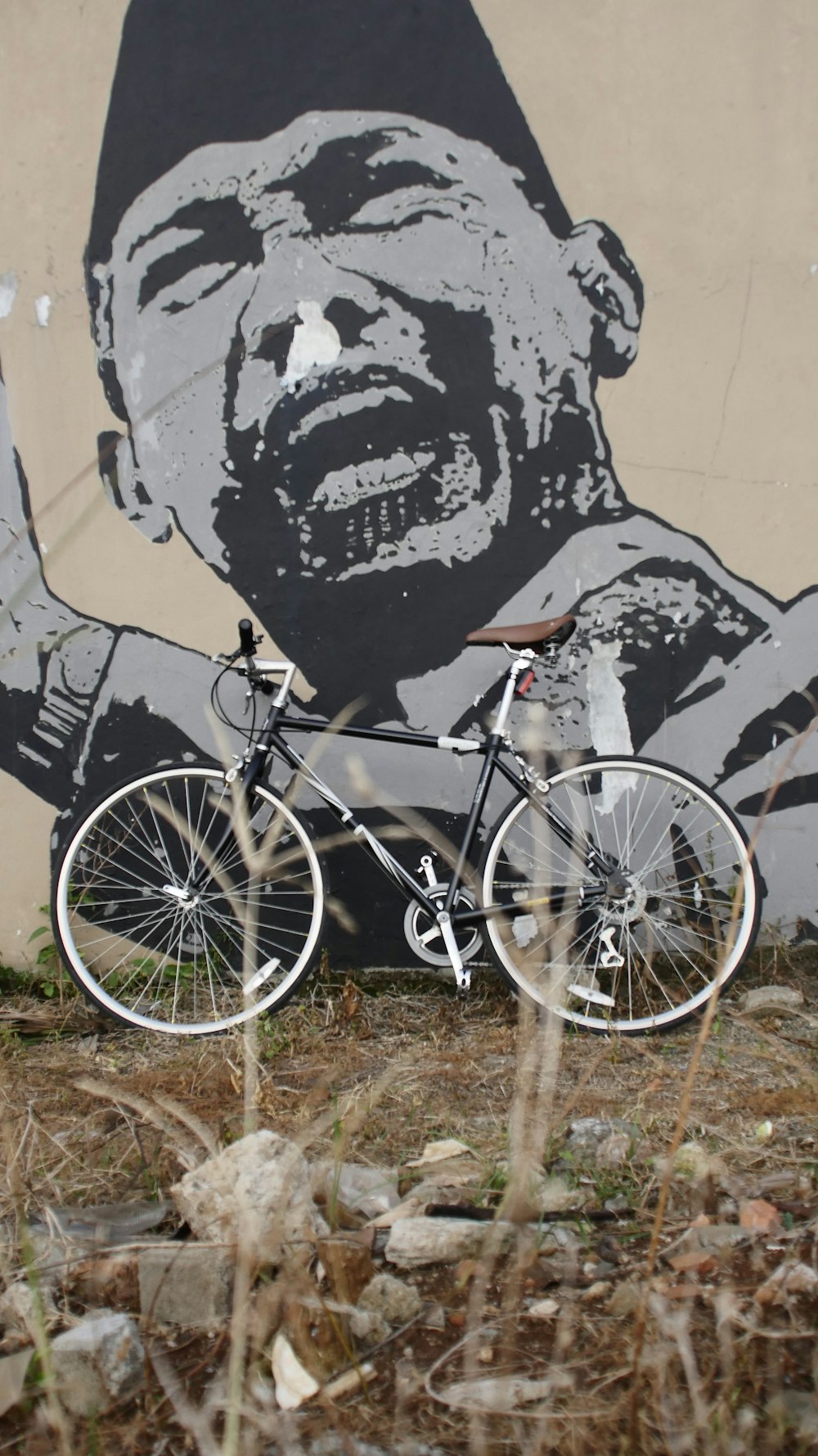 black and white bicycle leaning on white wall