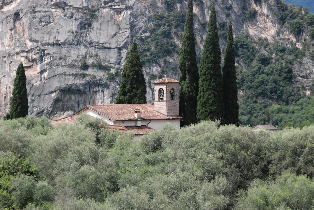 brown and white concrete house near green trees and mountain during daytime