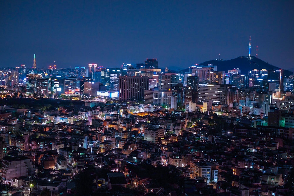 city with high rise buildings during night time