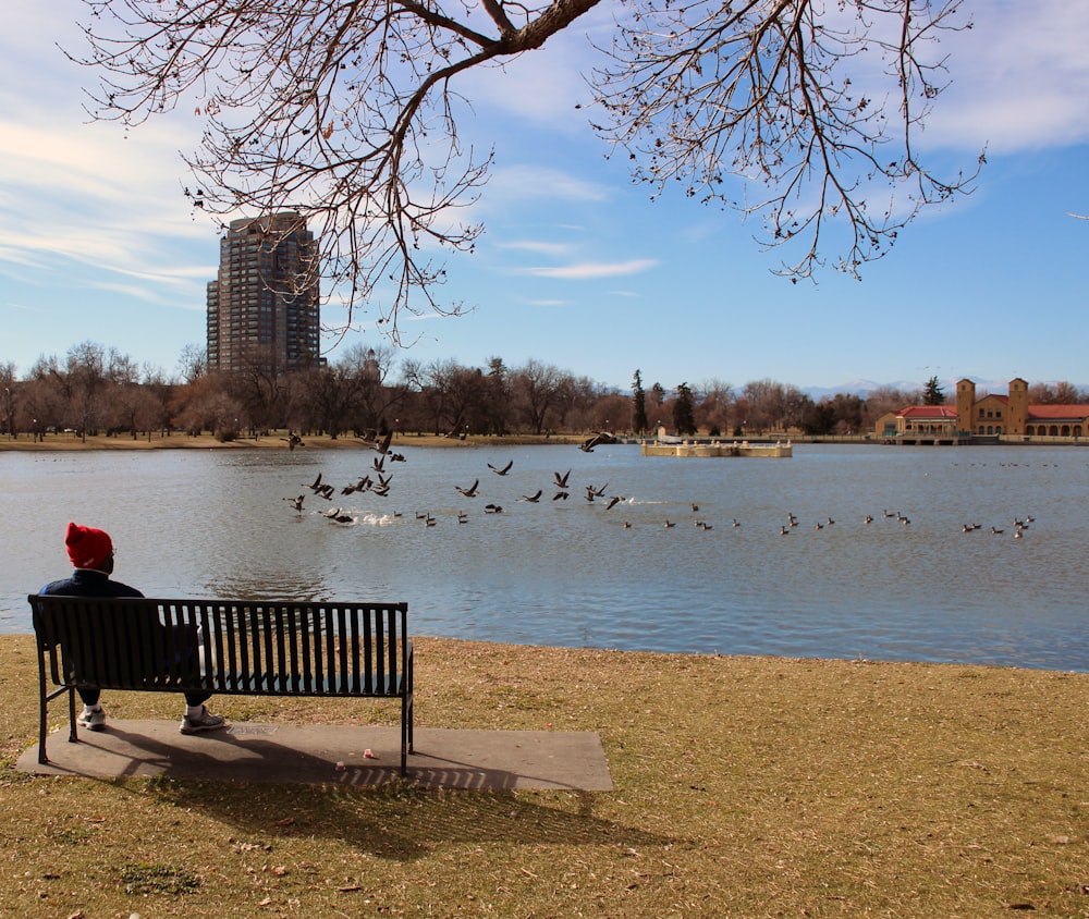 person in red hoodie sitting on bench near body of water during daytime