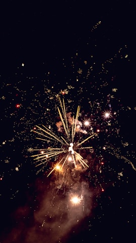 Bright fireworks illuminate the night sky with vibrant bursts of light and smoke. Streaks of gold and white radiate outward while small sparkles create a dazzling display.