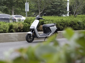 A modern electric scooter is parked on the side of a road surrounded by greenery, including bushes and trees. In the background, cars are visible driving by on the main road.