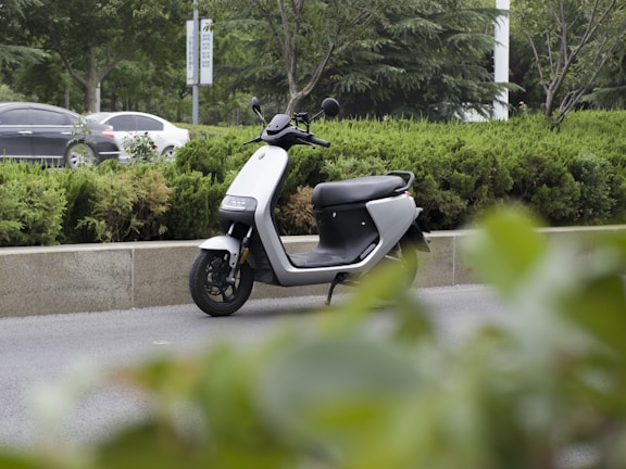A modern electric scooter is parked on the side of a road surrounded by greenery, including bushes and trees. In the background, cars are visible driving by on the main road.