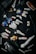 A collection of disassembled, detailed plastic model parts resembling components of a futuristic robot or mecha, laid out on a dark surface. The pieces include limbs, a torso, a shield, and various connectors, primarily in blue, white, yellow, and black.