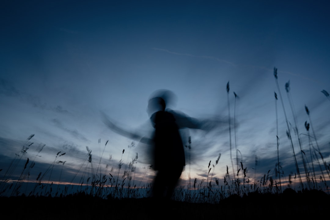 silhouette of man standing on grass field during sunset