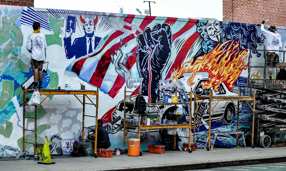 blue white and red flag on wall