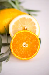 Photo of Organic Orange slices, orange fruit on white clean surface