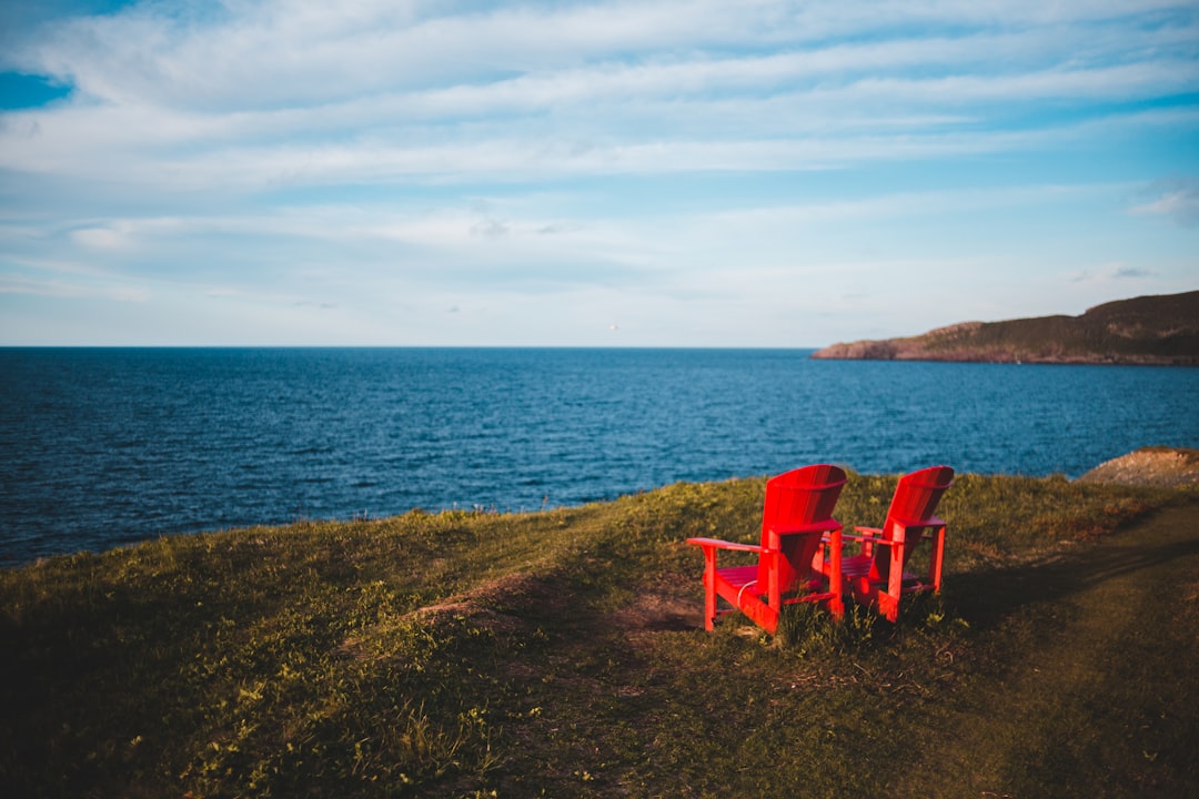 red wooden chairs on green grass field near body of water during daytime