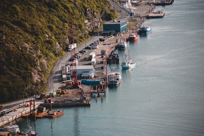 A harbor with multiple boats docked alongside a pier. The waterfront is accompanied by buildings and a line of parked cars. A large crane is visible near the water's edge, and hints of construction activity can be seen. Lush green hills rise on one side, contrasting with the industrial elements below.