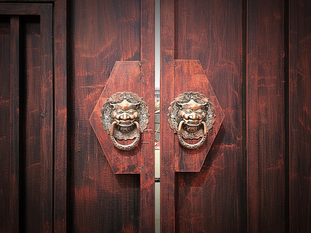 brown wooden door with white and black skull