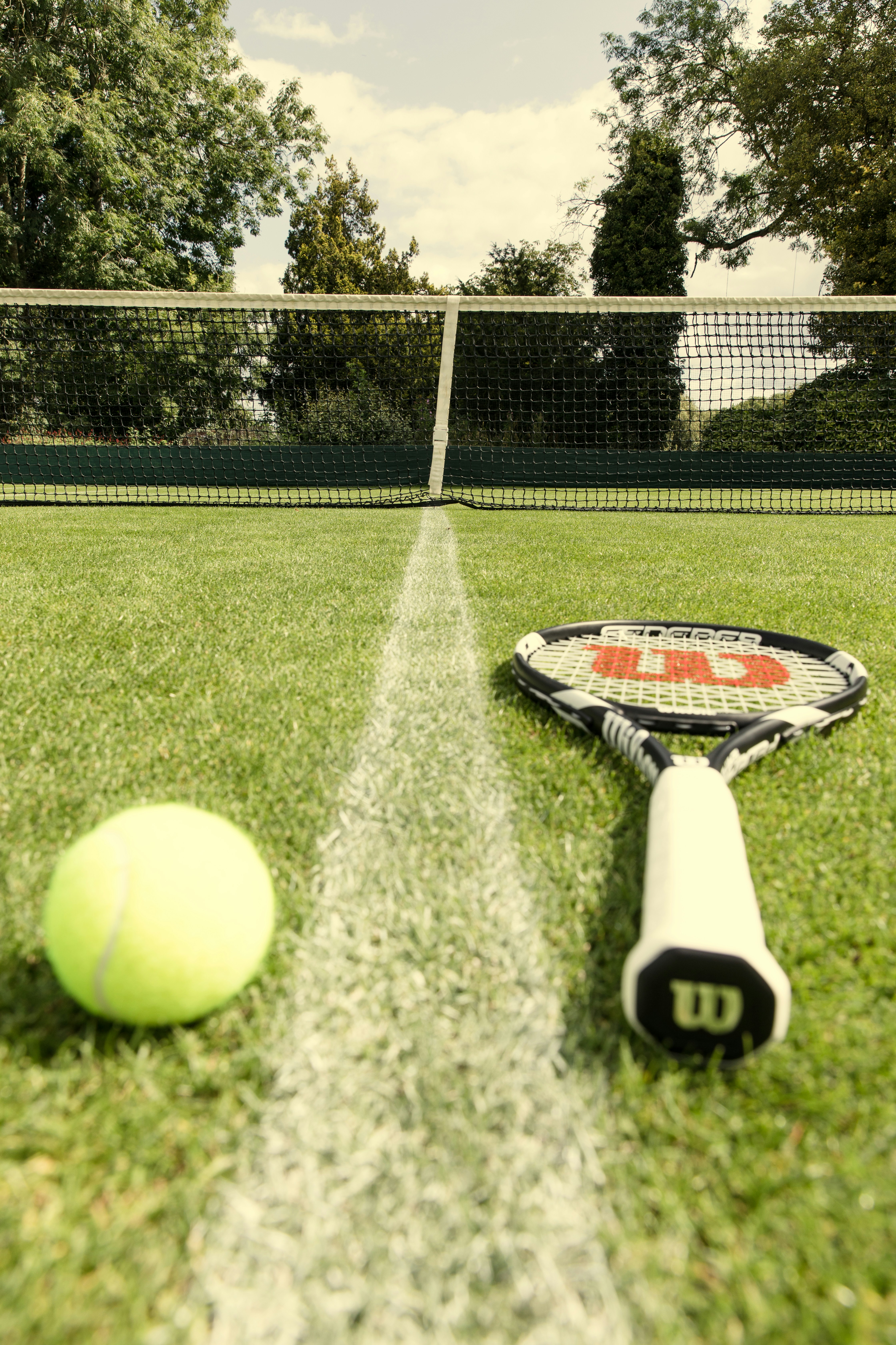 a tennis racket and a tennis ball on a grass court