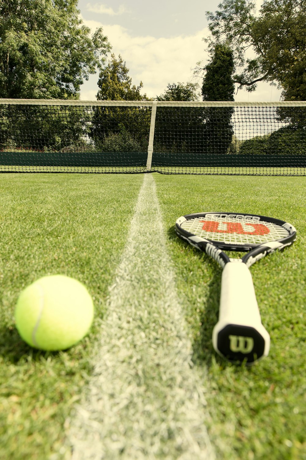a tennis racket and a tennis ball on a grass court