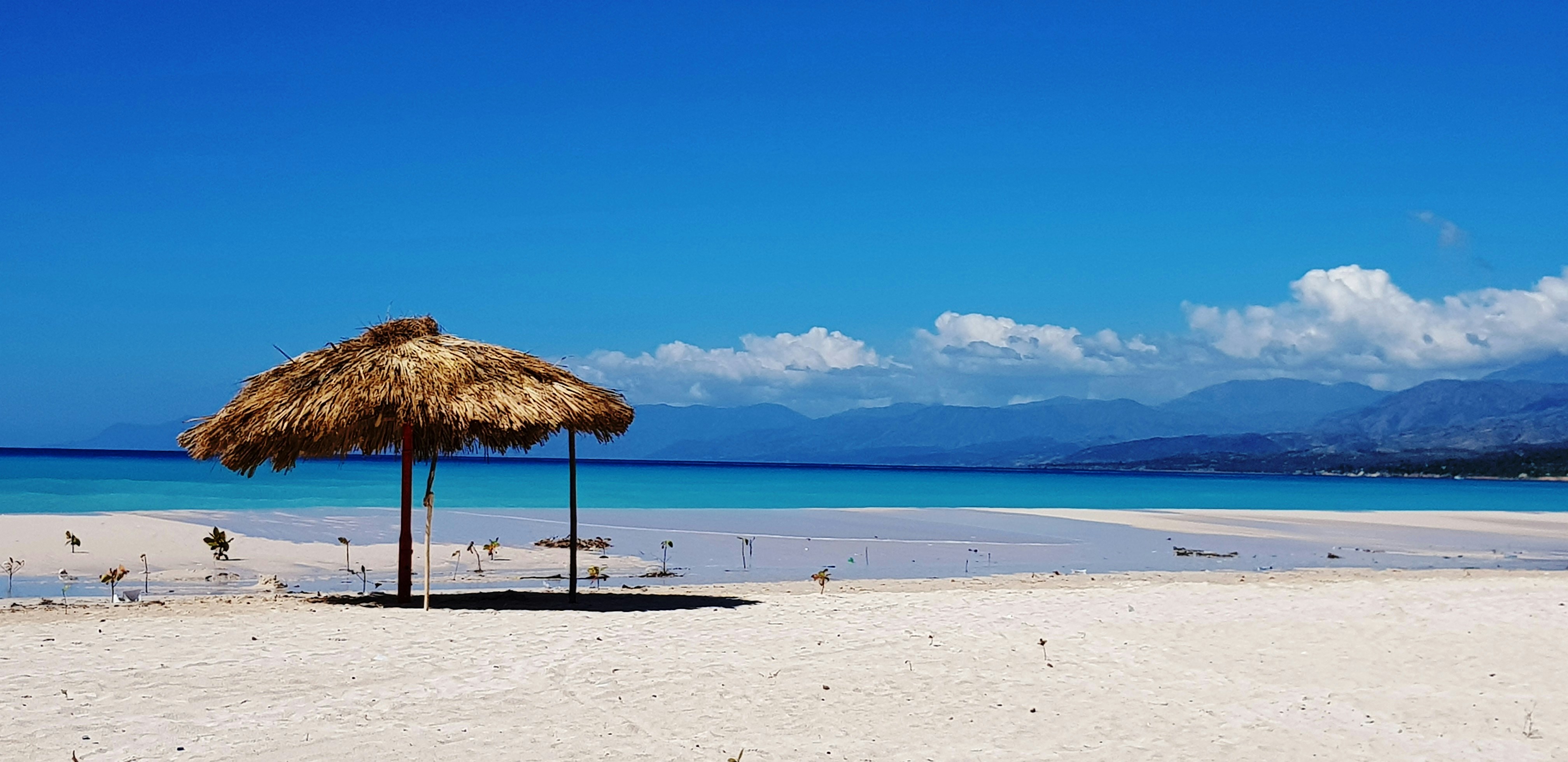 brown nipa hut on white sand beach during daytime