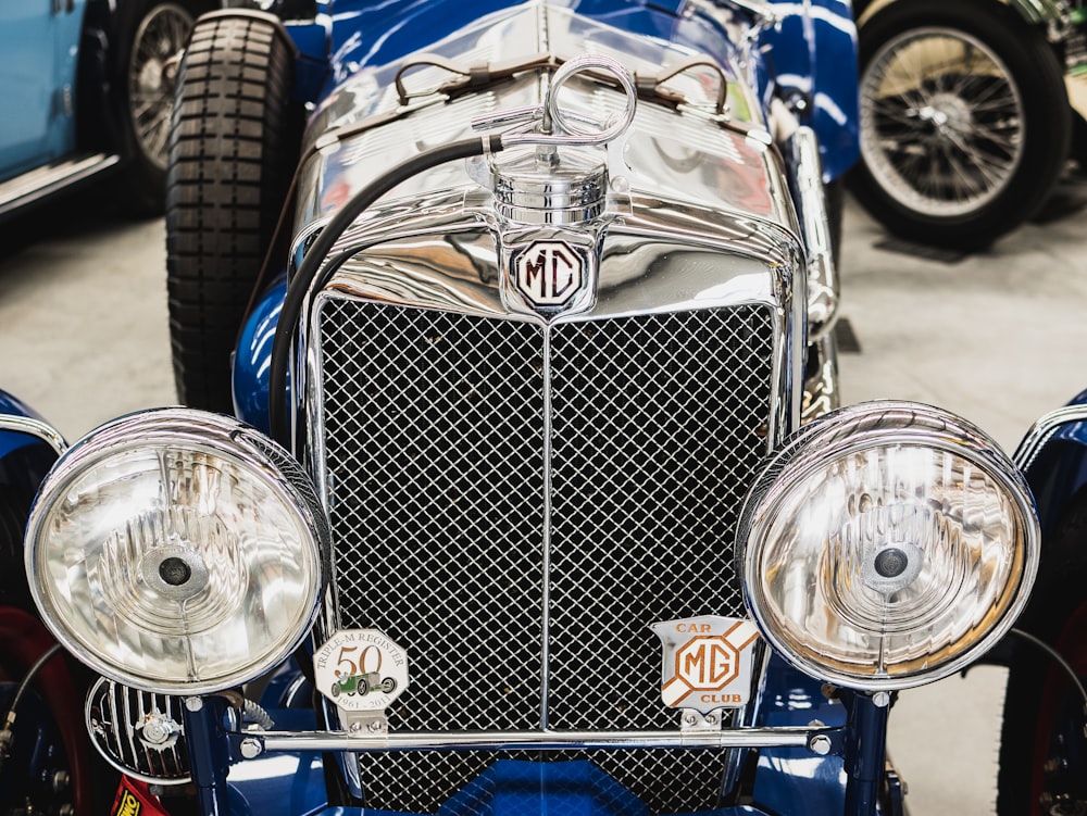 blue and silver vintage car