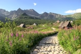 A serene mountainous landscape features traditional wooden huts scattered among lush greenery and vibrant wildflowers. In the foreground, a cobblestone path leads toward the rustic houses, while majestic mountains dominate the background under a clear blue sky.