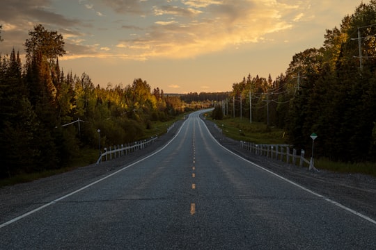 gray concrete road between green trees under white clouds during daytime in Kirkland Lake Canada