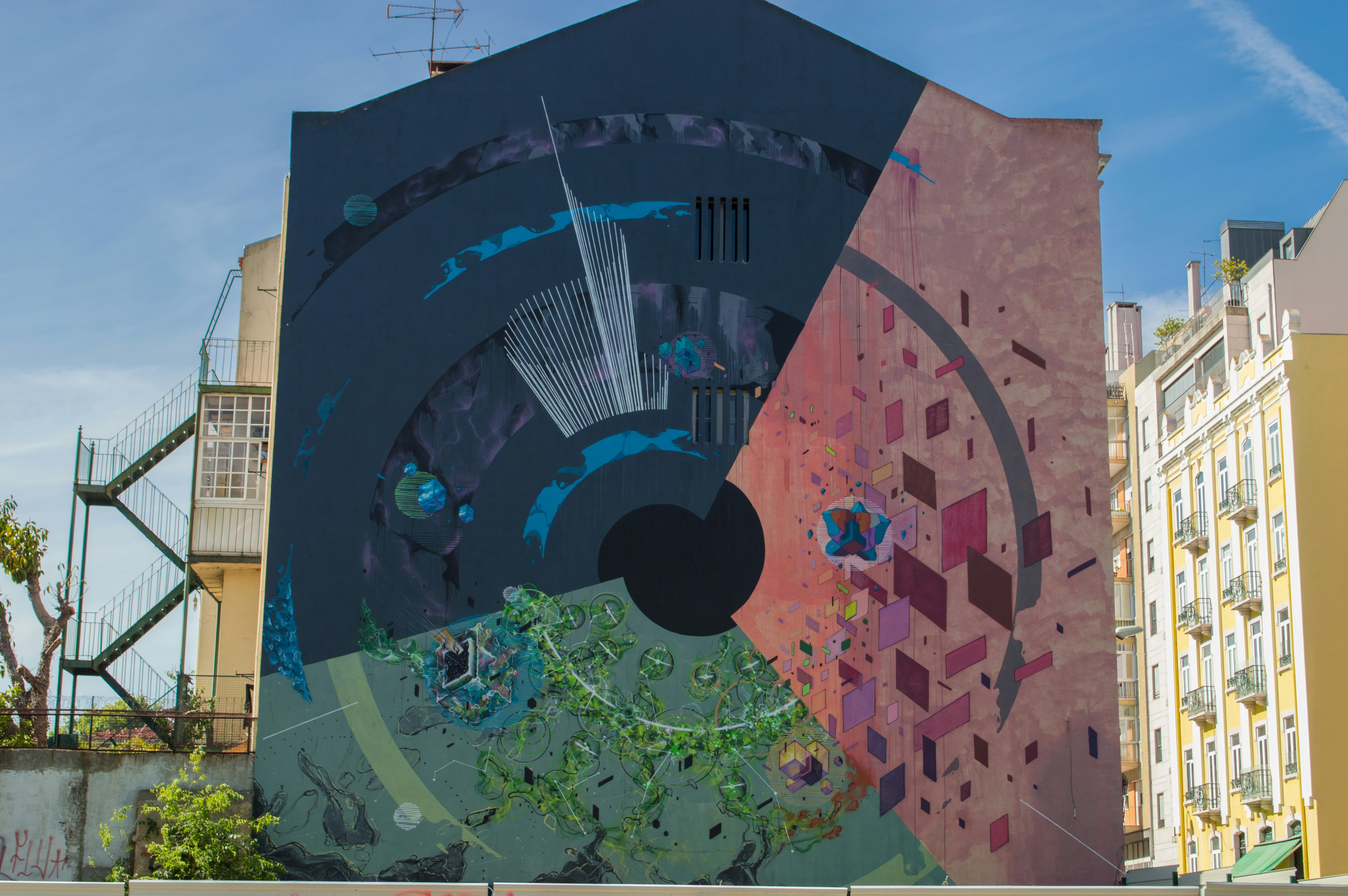 Massive panoramic building facade mural, urban dreamscape, sunset orange and charcoal, architectural forms merging with botanical elements