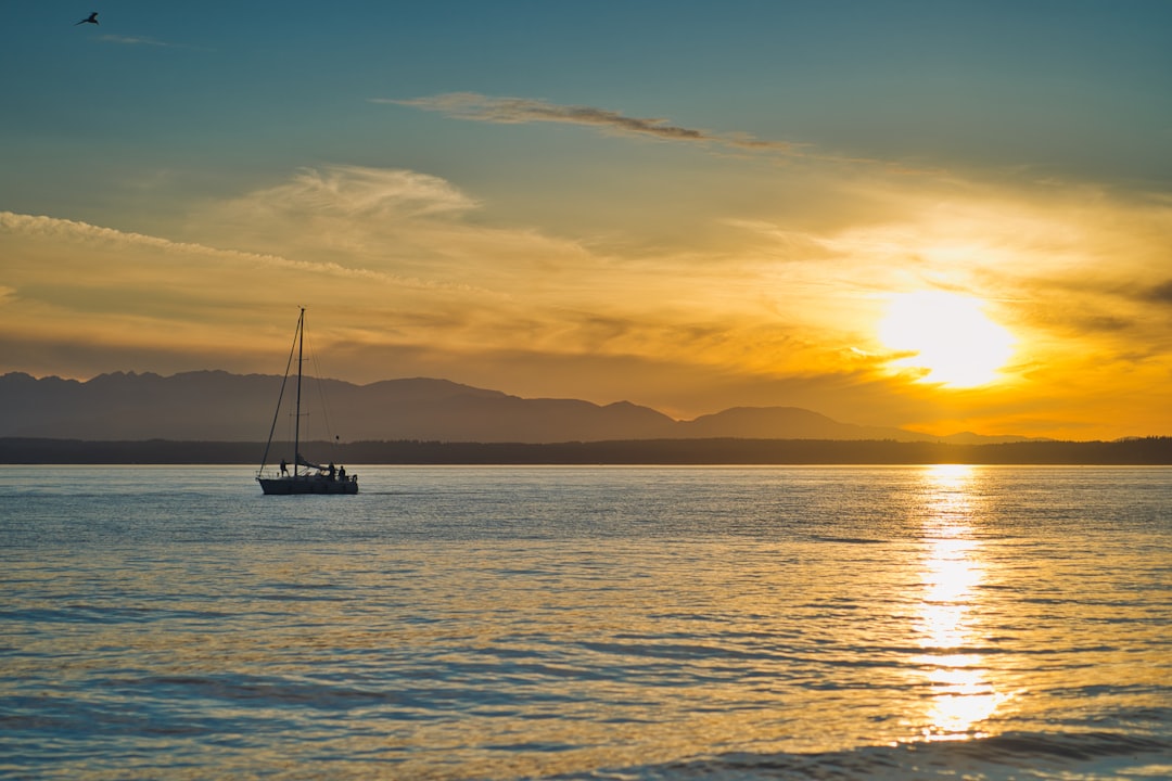 silhouette of boat on sea during sunset