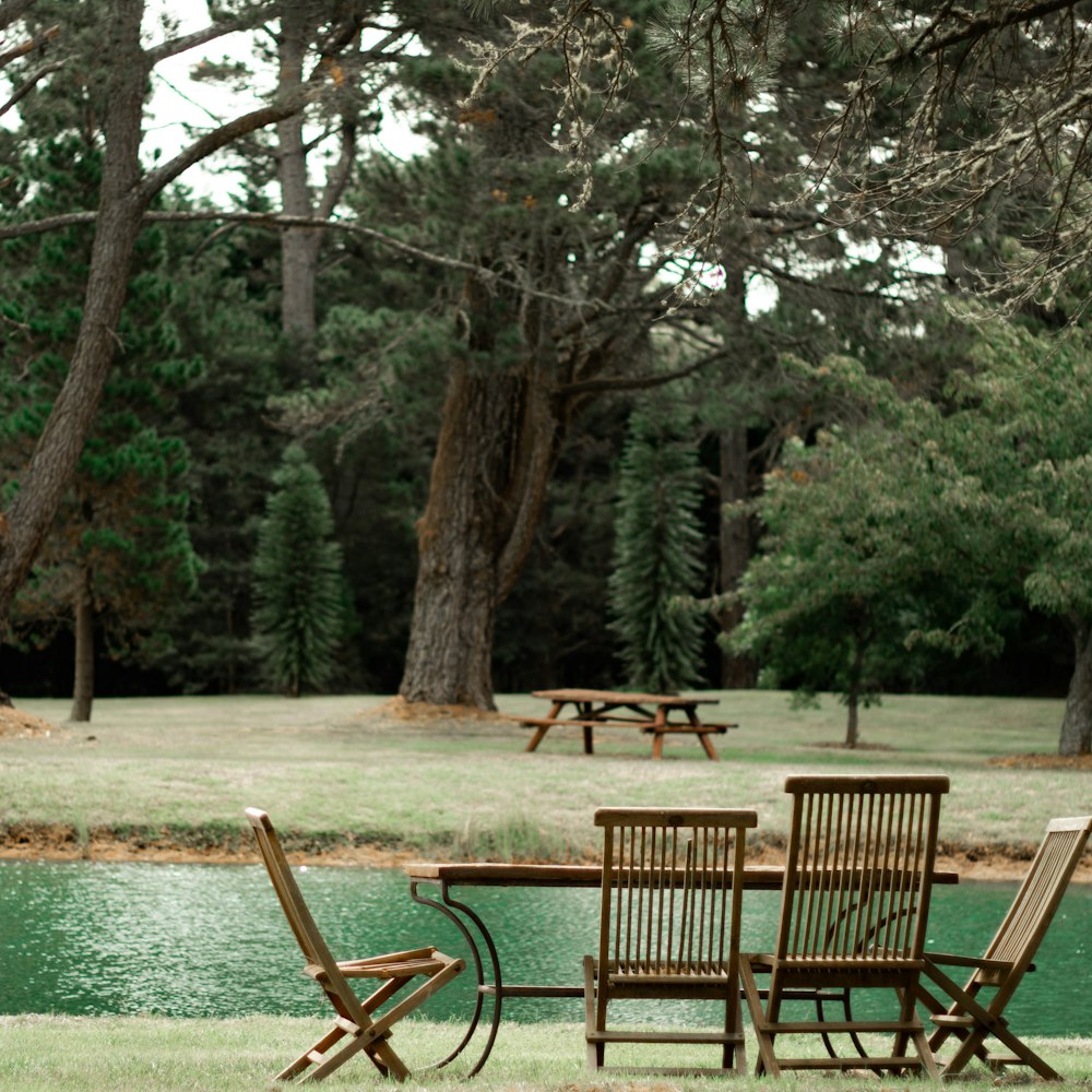 brown wooden bench near body of water