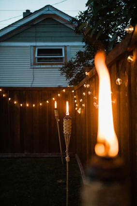 Evening backyard scene with soft glowing lights and a natural fogger in action keeping mosquitoes away.