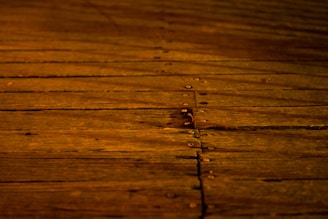 A wooden surface features long, horizontal planks with visible grains and knots. The boards are secured with evenly spaced metal nails, creating a rustic and warm appearance.