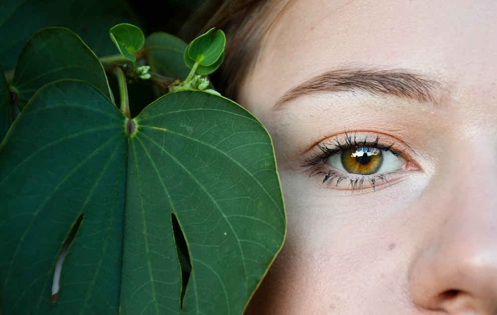 womans eye with green leaves