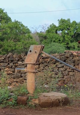 An old, rusty hand pump is situated in front of a stone wall, surrounded by green vegetation. Lush trees fill the background, indicating a rural setting.