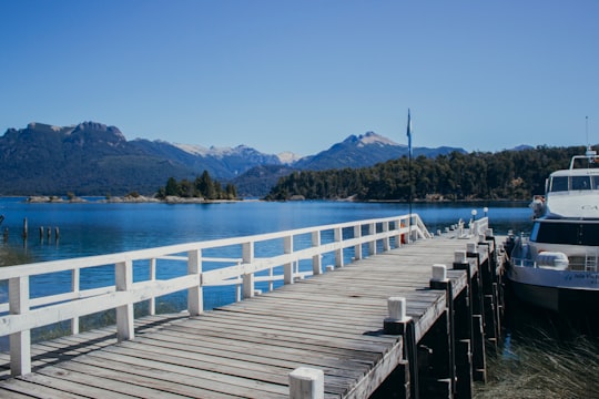 brown wooden dock on blue sea under blue sky during daytime in Parque Nacional Nahuel Huapi Argentina