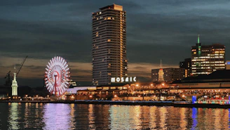 city skyline across body of water during night time