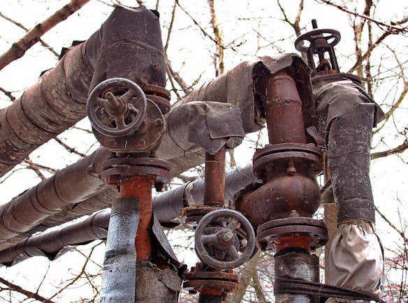 A collection of old, rusted industrial pipes and valves connected together. The pipes have a worn-out appearance and are wrapped in tattered insulation material. The background shows leafless tree branches, indicating a possible outdoor setting during winter or early spring.