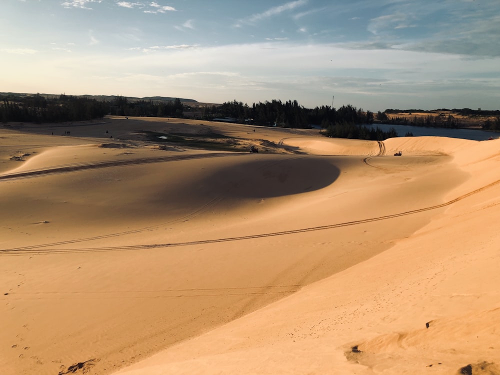 brown sand field near green trees under white clouds and blue sky during daytime