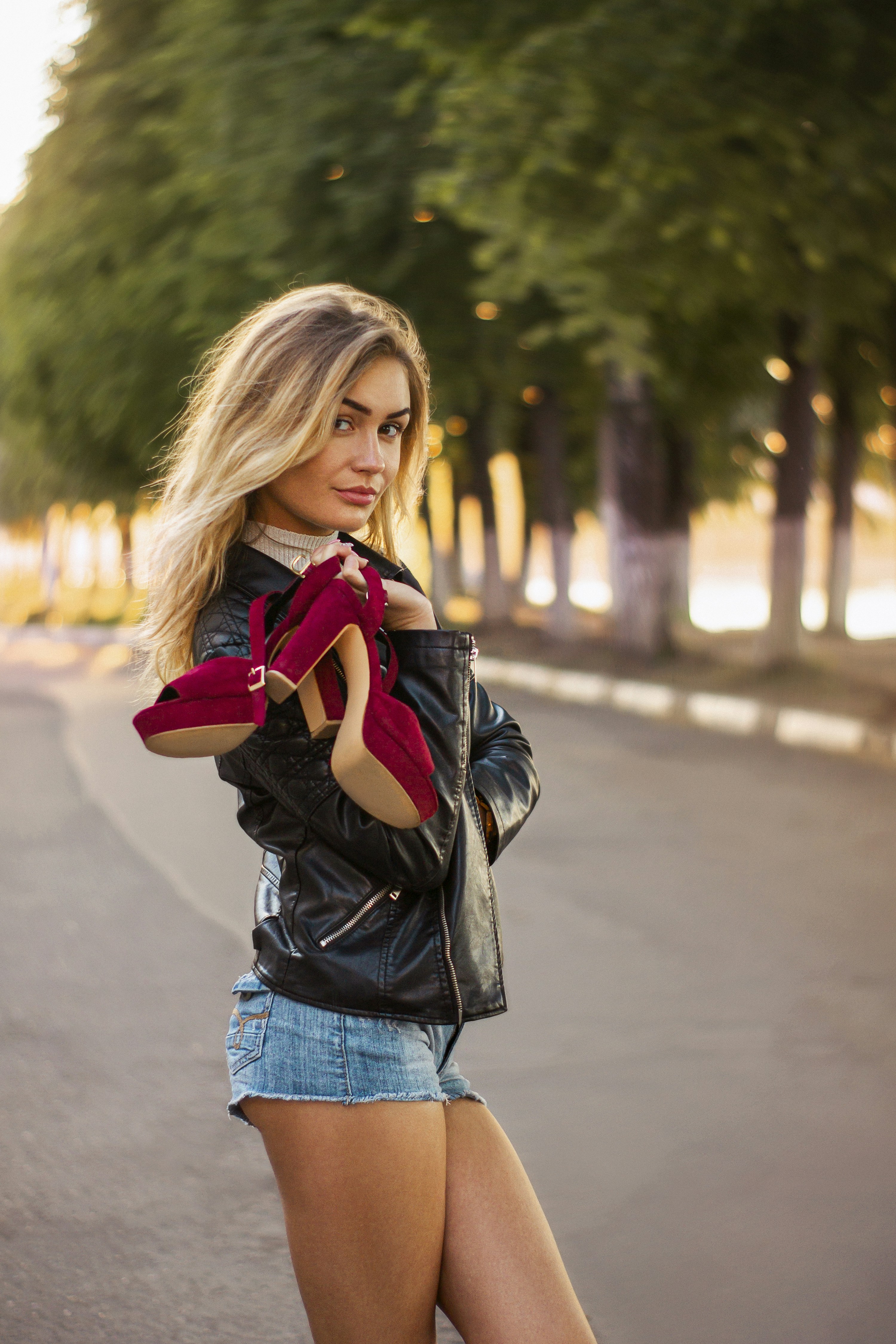 shorts and leather jacket