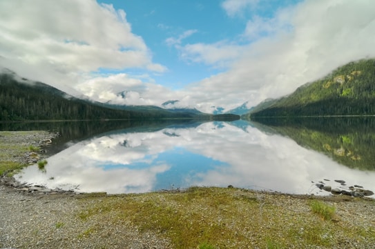 A serene mountain lake offers a breathtaking reflection of the surrounding landscape, with lush green forests and distant snow-capped peaks under a clear blue sky punctuated by fluffy white clouds. The pebbled shoreline borders the tranquil water, adding texture to the foreground.