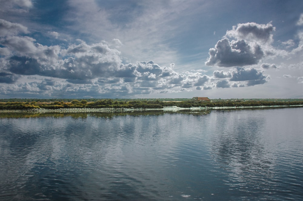 green grass field near body of water under blue and white cloudy sky during daytime