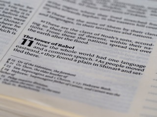 The image displays an open page of a Bible with a focus on a passage from Genesis 11, discussing the Tower of Babel. The text is clearly printed, highlighting themes of language and communication.