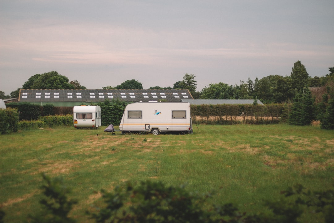 white and brown rv trailer on green grass field during daytime