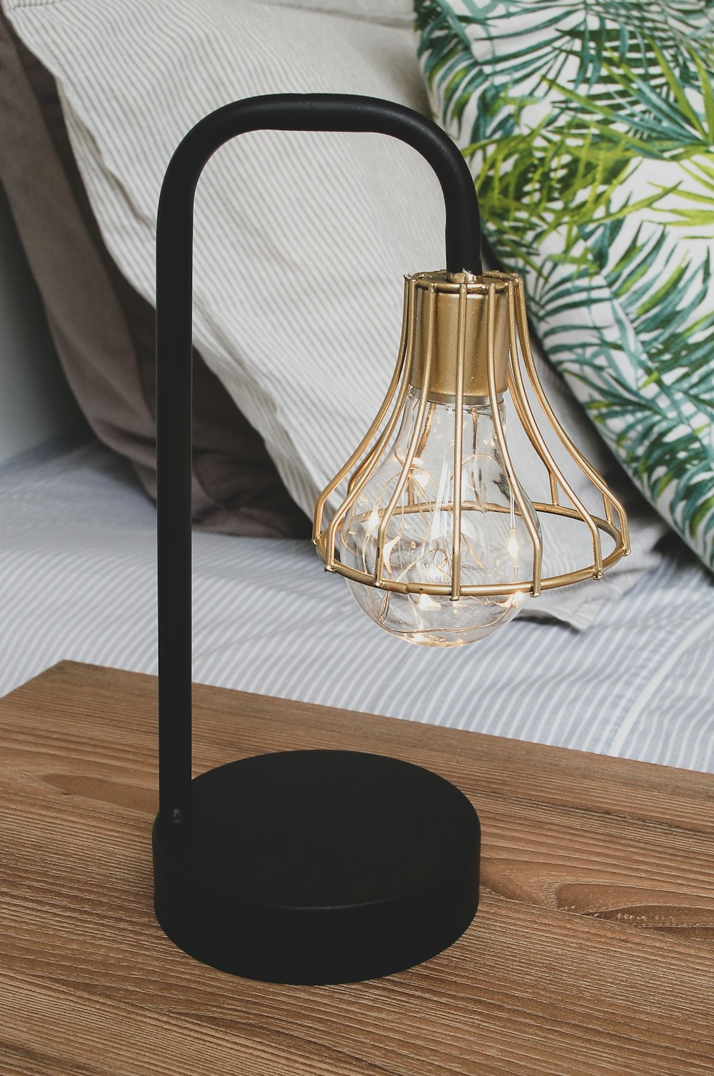 brown and black table lamp