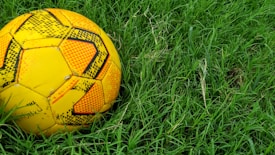 A vibrant yellow soccer ball with black patterns is resting on lush green grass. The ball is slightly worn, indicating it has been used for playing outdoors.