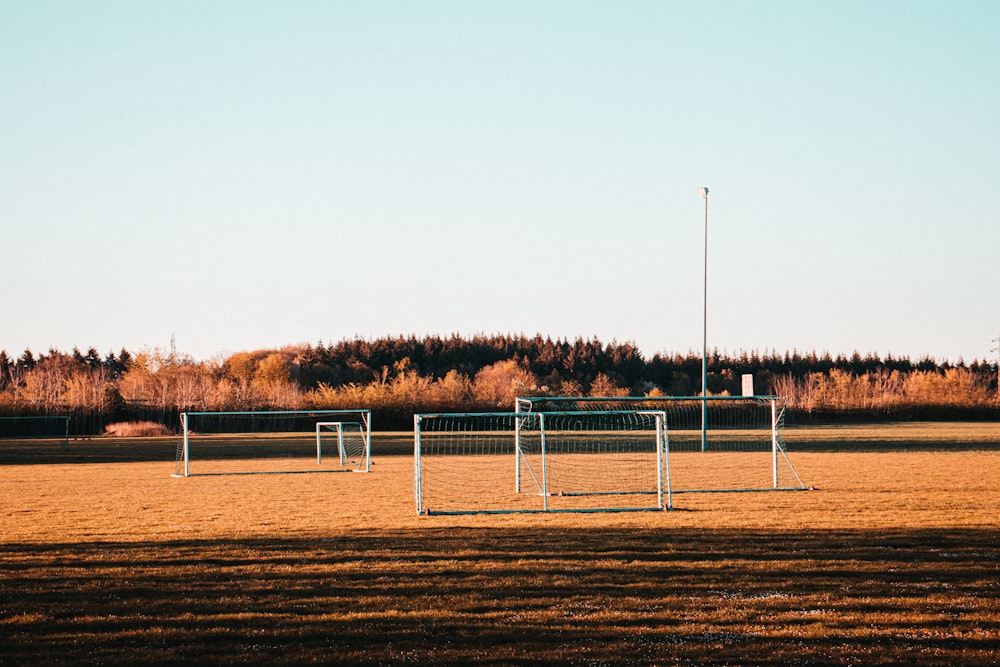 white metal fence on brown field during daytime